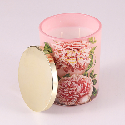 Roze de Bloemdruk van de glaskruik Bemerkte Kaars 415g met Metaaldeksel