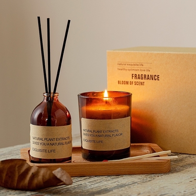 Private Label Houten Pallet Matcht Soy Wax Geurkaarsen Reed Diffuser Gift Set