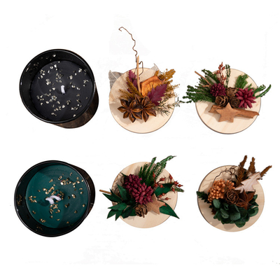 Geconserveerde bloemenwas houten deksel kerst geurkaars geschenkdoos zwart groen