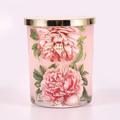 Roze de Bloemdruk van de glaskruik Bemerkte Kaars 415g met Metaaldeksel